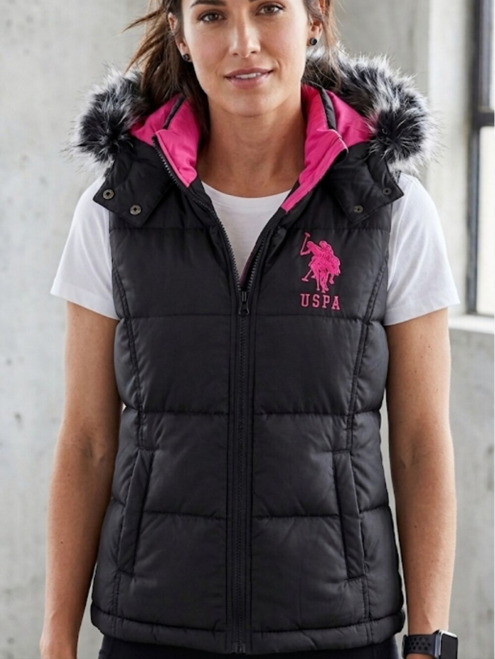 U.S. Polo Assn. Black Puffer Vest with Pink Logo and Hood Size L